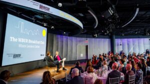 Ryan Gellert and Ari Shapiro on stage at WBUR CitySpace